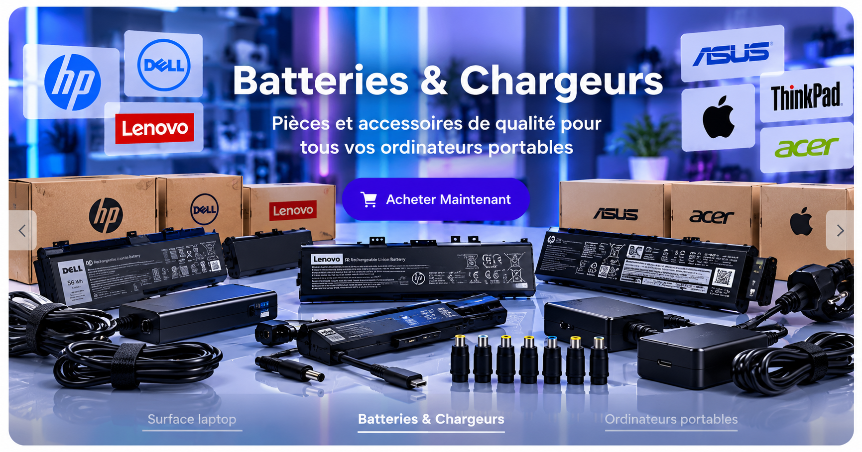 Batteries et chargeurs pour ordinateurs portables